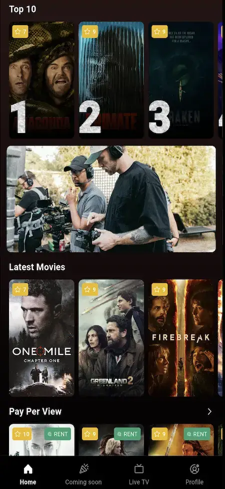 Netflix Clone 24 Mobile streaming home screen with top-ten titles, latest movies, coming-soon filters, and personalized content rows