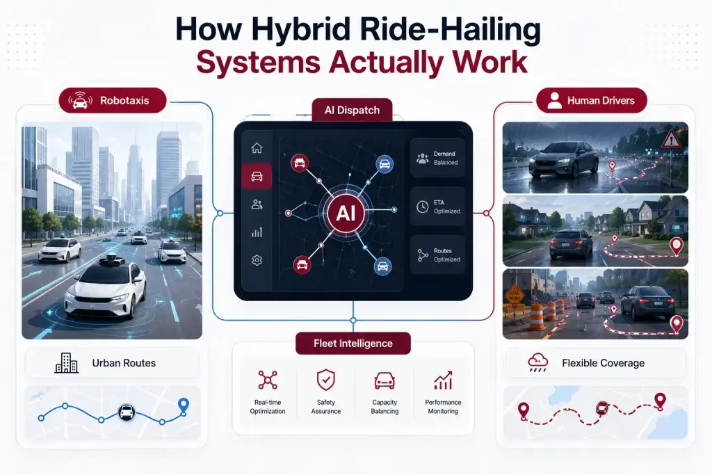 Why Hybrid Ride-Hailing Platforms Will Dominate Before Full Robotaxi Adoption 1 Hybrid ride-hailing system infographic showing AI dispatch connecting robotaxis and human drivers through fleet intelligence