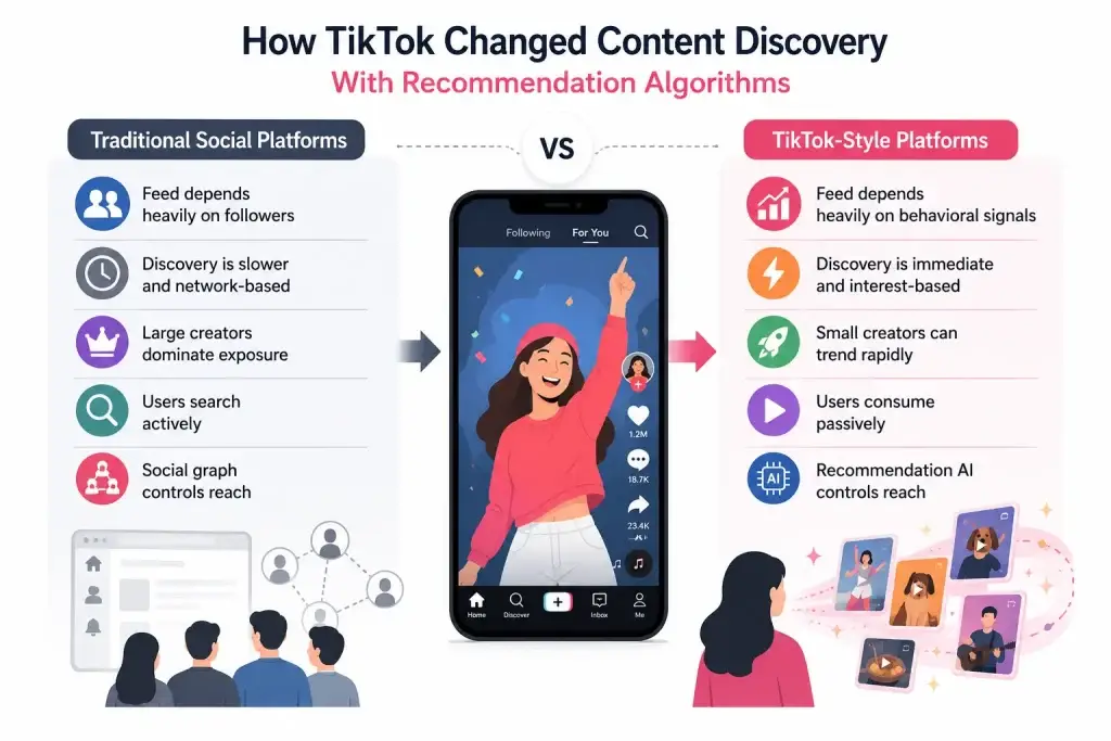 Why Recommendation Algorithms Decide Whether Short Video Apps Grow or Disappear 1 Comparison infographic showing how TikTok recommendation algorithms transformed content discovery compared to traditional social media platforms