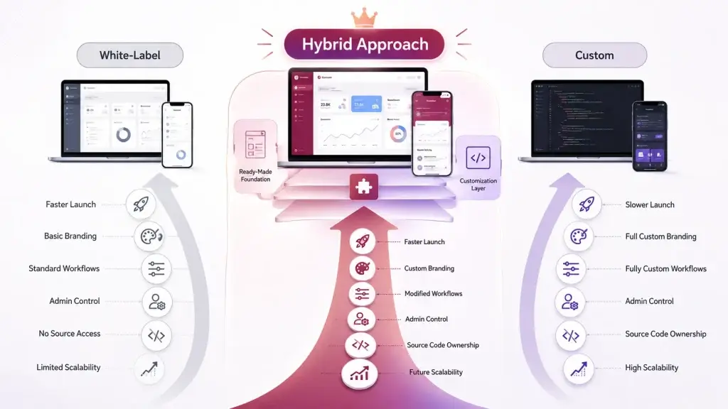 White-Label Solutions vs Custom Development: How to Choose the Smarter Path 2 Infographic comparing white-label, hybrid, and fully custom software development approaches for scalable SaaS and app platforms.