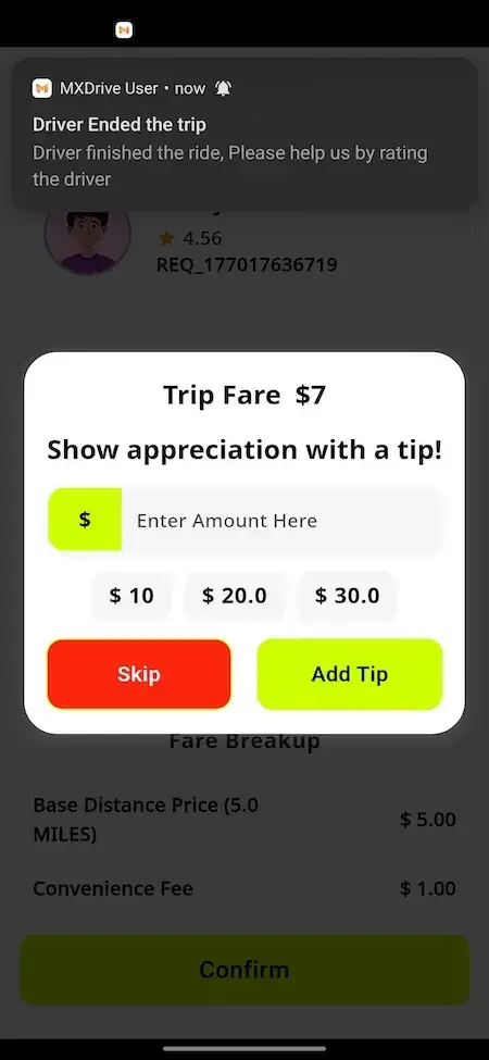 inDrive Clone 16 Ride-hailing app popup showing trip fare, driver tipping options, custom tip input, add tip button, and post-trip driver rating notification.