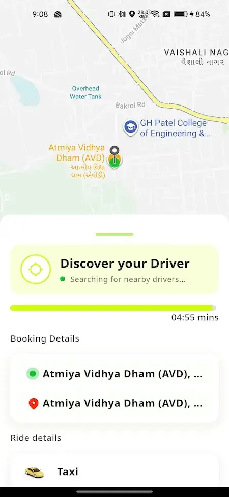 inDrive Clone 25 Ride-hailing app screen showing live driver search, map tracking, booking details, and ride matching status.