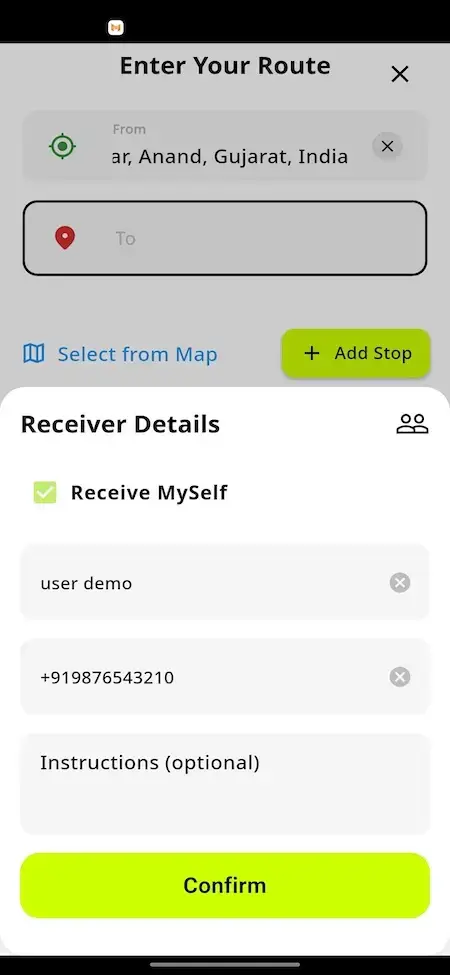 inDrive Clone 18 Parcel delivery app screen showing route selection, receiver details form, contact information fields, and delivery confirmation button.