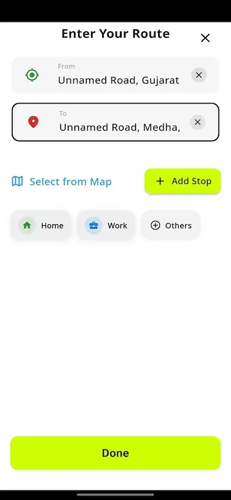 inDrive Clone 22 Ride-booking app route selection screen showing pickup and destination locations, map selection option, stop addition feature, and saved places.