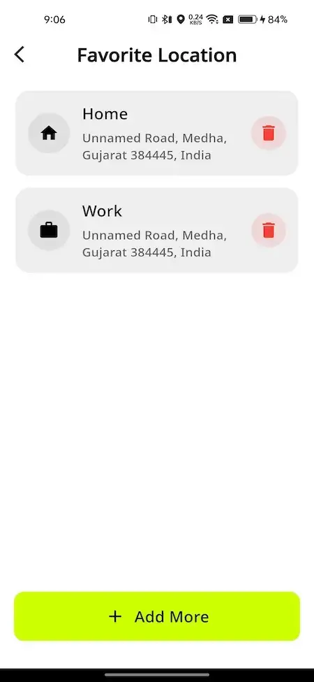 inDrive Clone 31 Mobile ride-sharing app screen showing saved favorite locations for home and work addresses with add more option