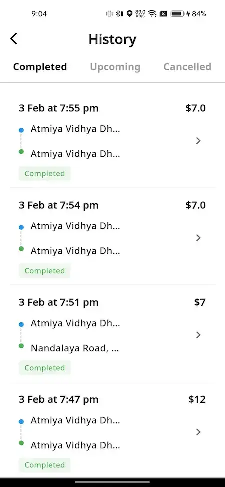inDrive Clone 32 Mobile ride-hailing app history screen showing completed trips, timestamps, pickup and drop locations, and ride fares