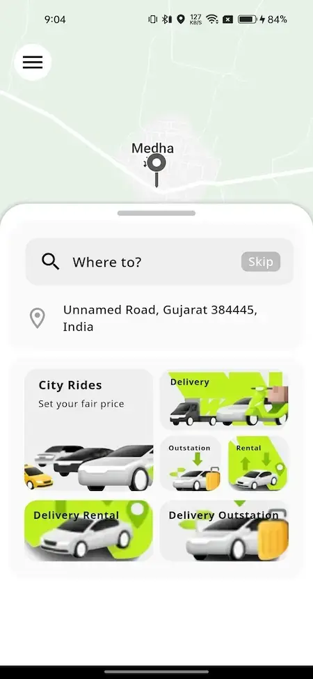 inDrive Clone 29 Mobile ride-hailing app home screen with map view, location search, city rides, delivery, rental, and outstation booking options