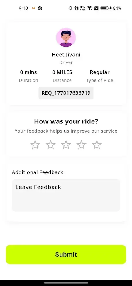 inDrive Clone 23 Ride-hailing app feedback screen showing driver details, ride information, star rating system, feedback form, and submit button.