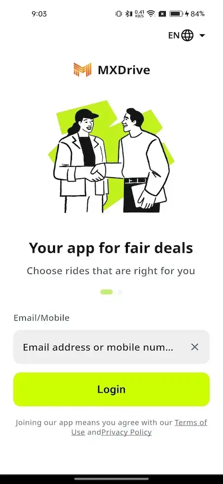 inDrive Clone 20 MXDrive ride-hailing app login screen featuring user onboarding illustration, mobile number sign-in form, and fair ride booking message.