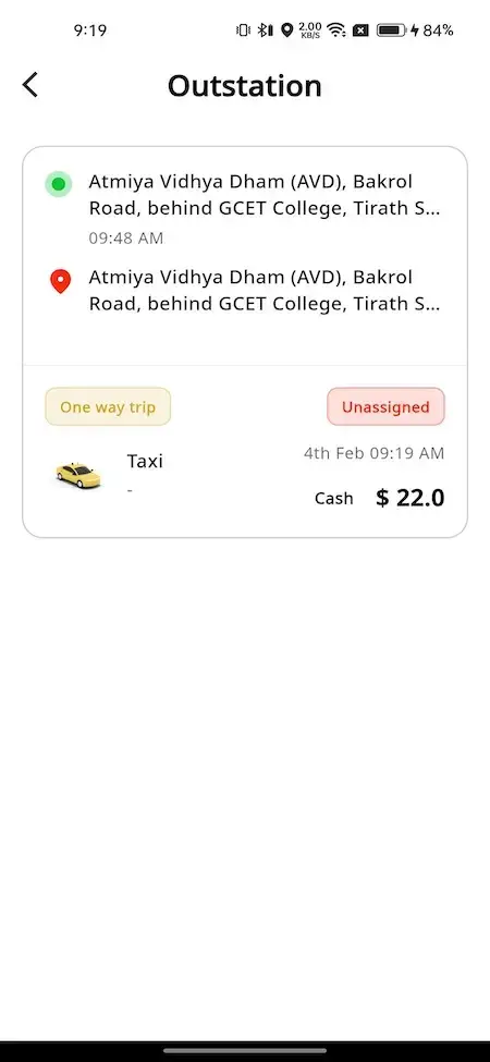 inDrive Clone 19 Outstation taxi booking screen displaying pickup and drop locations, trip status, fare amount, and payment method details.