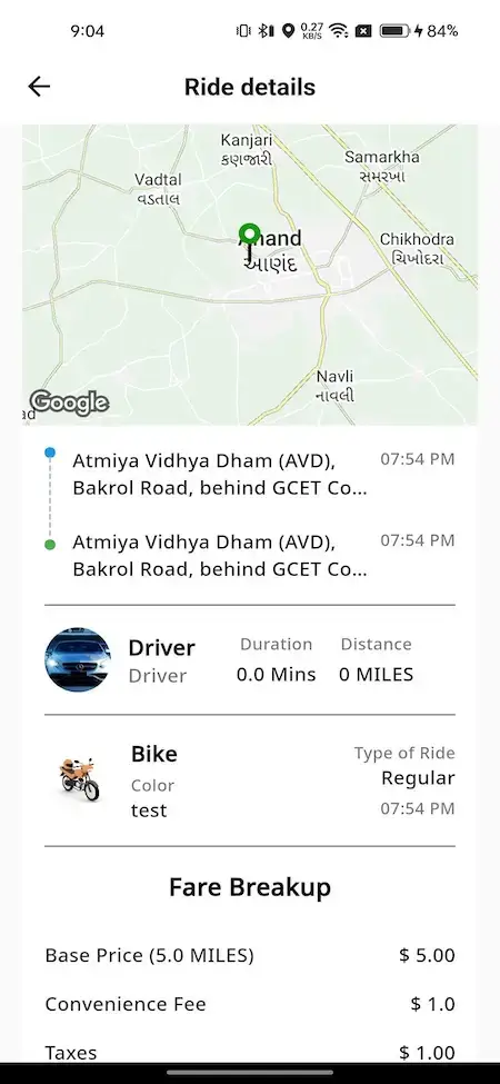 inDrive Clone 28 A screenshot of a ride-hailing app displaying ride details, including a map view and fare breakdown.