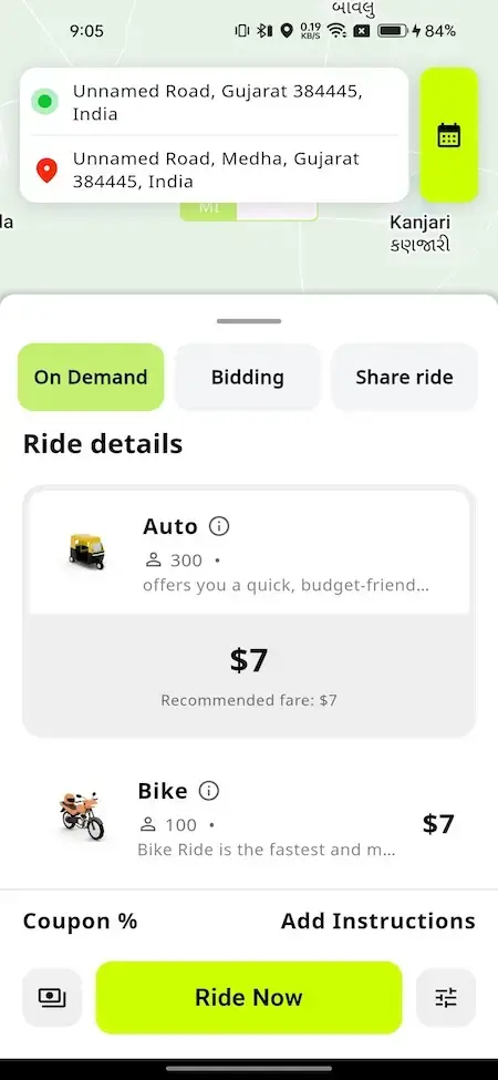 inDrive Clone 21 Ride-booking app screen displaying on-demand transportation options, fare estimates, vehicle choices, and instant ride request button.