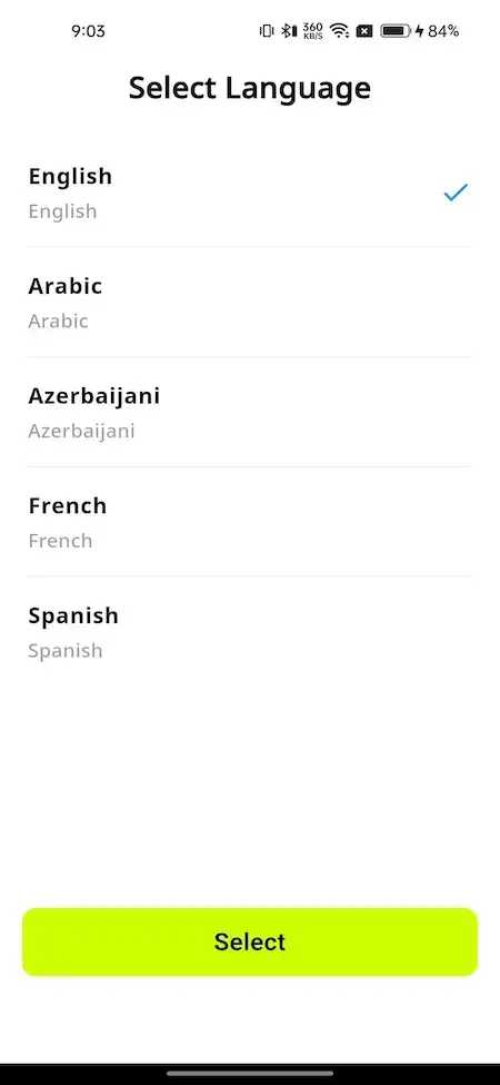 inDrive Clone 27 Mobile app language selection screen showing English, Arabic, Azerbaijani, French, and Spanish options with select button