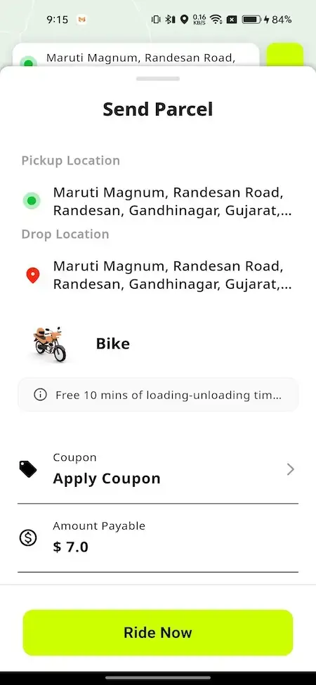 inDrive Clone 17 Parcel delivery booking screen showing pickup and drop locations, bike courier option, coupon section, and ride booking button.