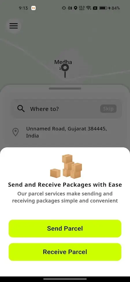 inDrive Clone 30 Mobile logistics app popup screen showing send parcel and receive parcel options with package delivery interface