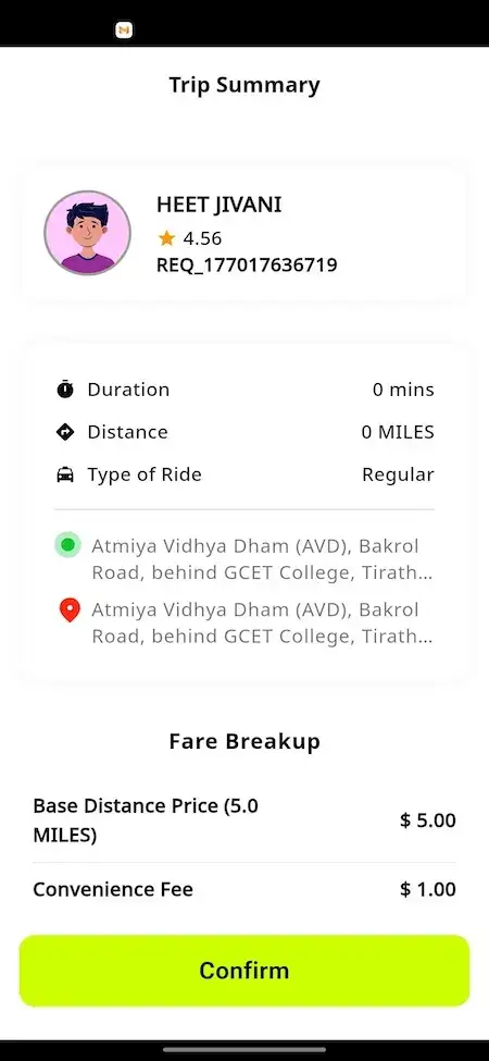 inDrive Clone 24 Ride-hailing app trip summary screen showing passenger details, trip information, pickup and drop locations, fare breakdown, and confirmation button.