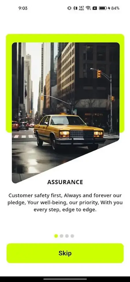 inDrive Clone 15 Yellow taxi driving through a city street representing customer safety and reliable transportation services.