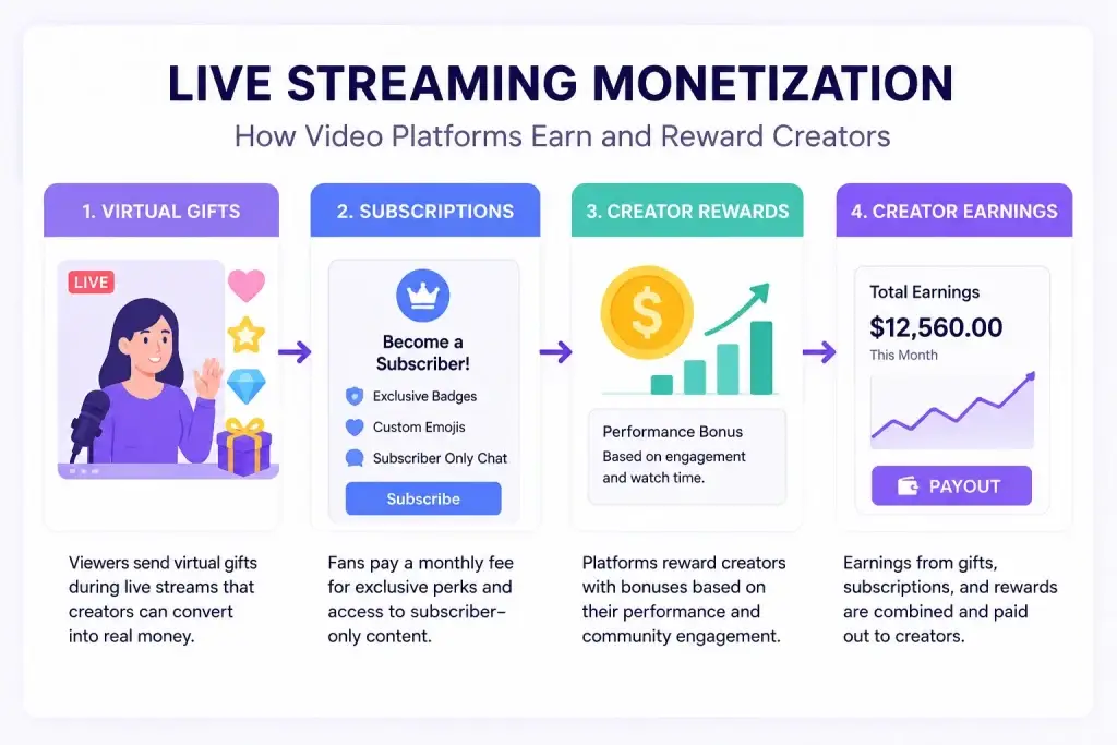 Live Streaming Monetization: How Video Platforms Use Gifts, Subscriptions, and Creator Rewards 1 Infographic showing how live streaming platforms monetize through virtual gifts, subscriptions, creator rewards, and creator earnings.
