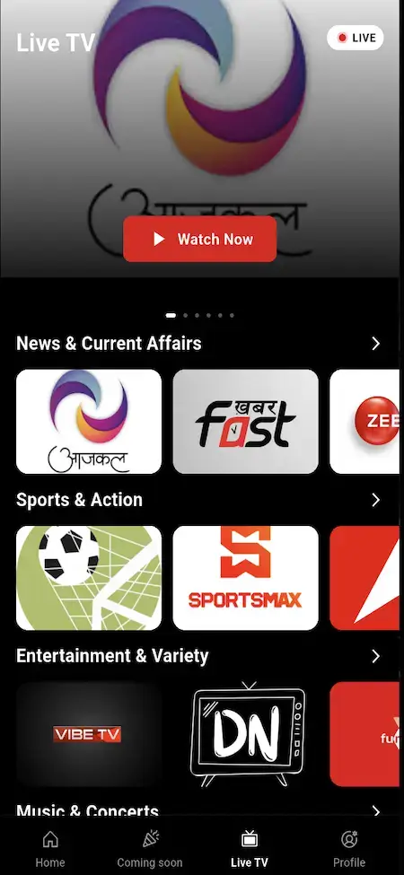 Netflix Clone 20 Mobile live-TV guide organizing news, current affairs, sports, action, entertainment, and regional channels with watch-now access