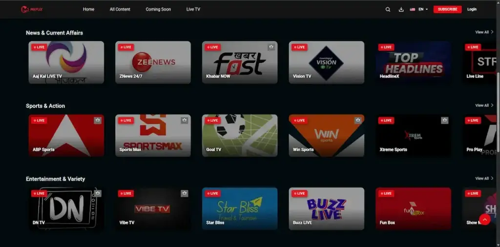 Netflix Clone 39 Desktop live-TV catalog with news, current-affairs, sports, and action channels organized into browsable rows