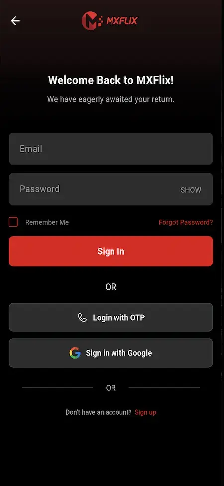 Netflix Clone 16 Mobile streaming login with email, password, remembered access, password recovery, sign-in, and one-time-password authentication