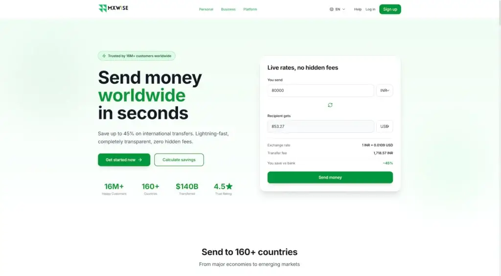Wise Clone 76 Wise clone homepage with transparent exchange-rate calculator, transfer fee, recipient amount, savings comparison, and worldwide money-transfer action