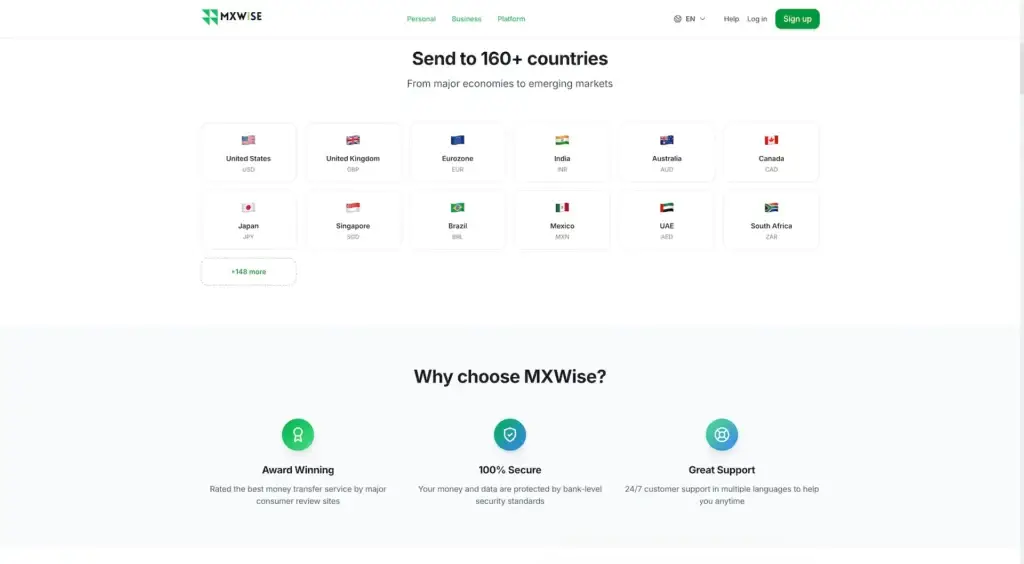 Wise Clone 75 Public website section listing international transfer coverage across 160-plus countries and major destination currencies