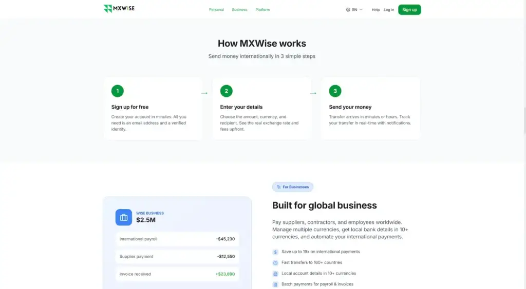 Wise Clone 74 Public three-step transfer guide covering registration, transfer details, transparent rates, and recipient delivery