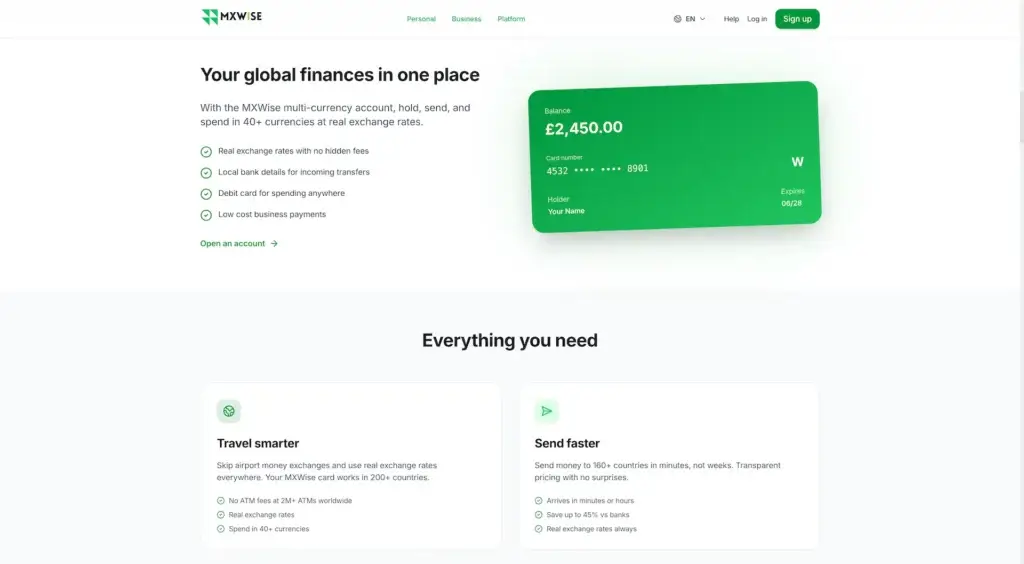 Wise Clone 73 Public multi-currency account section showing balances, local bank details, debit-card access, and low-cost business payments