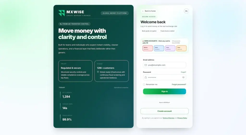 Wise Clone 72 Wise clone marketing and login interface promoting regulated transfers, fraud checks, operational performance, and role-based demo accounts