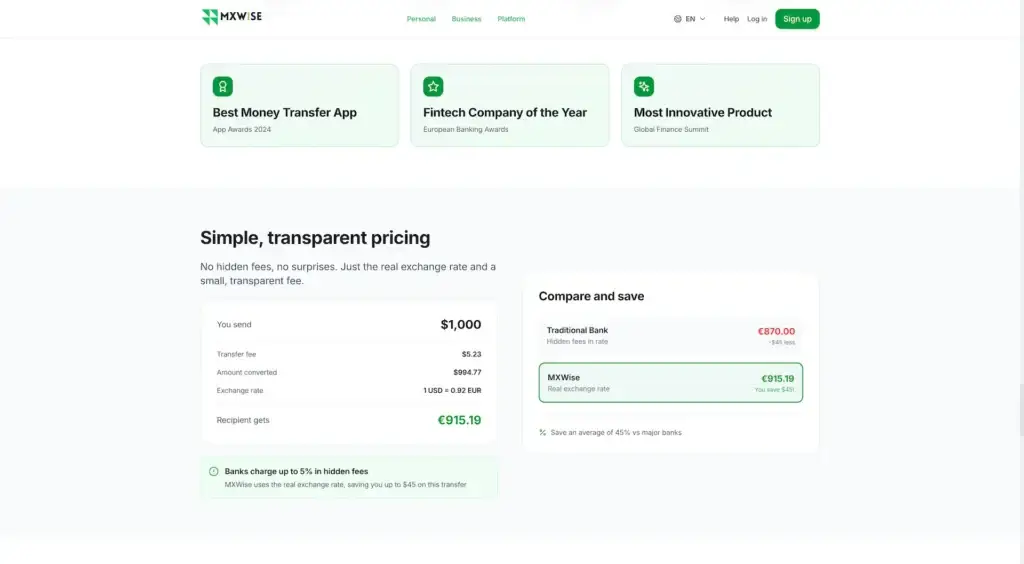 Wise Clone 71 Public pricing section comparing Wise transfer costs with traditional banks alongside product awards and transparent exchange rates