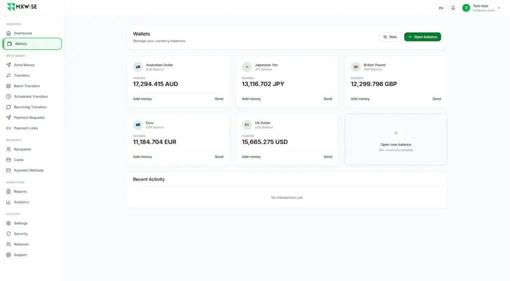 Wise Clone 49 Multi-currency wallet dashboard with AUD, JPY, GBP, EUR, and USD balances, send-money actions, new-wallet creation, and recent activity