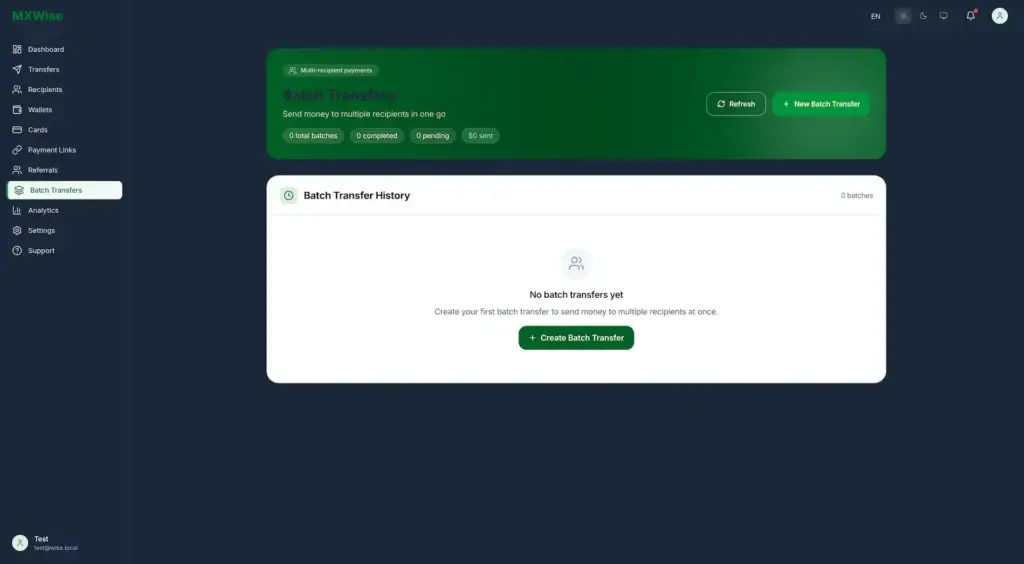 Wise Clone 47 Batch-transfer dashboard for paying multiple recipients with batch history, status totals, refresh, and new-batch creation