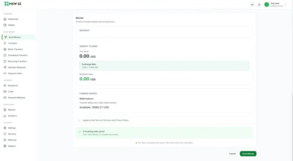 Wise Clone 45 Transfer confirmation screen summarizing recipient, amount, exchange rate, converted value, funding source, available balance, and terms