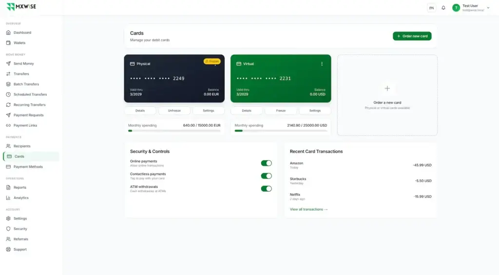 Wise Clone 43 Physical and virtual card dashboard with balances, spending limits, freeze controls, security settings, recent purchases, and new-card ordering