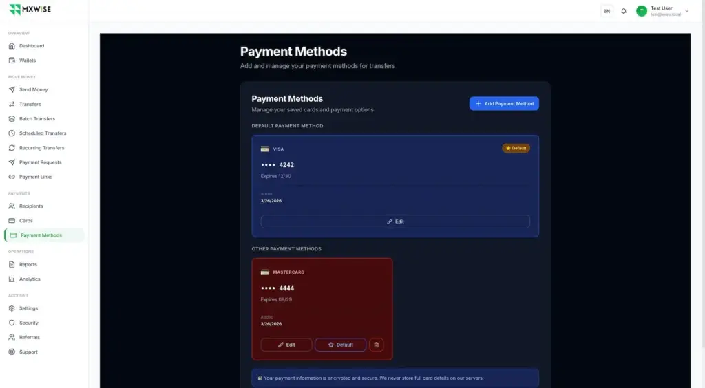 Wise Clone 42 Payment-method manager for saved cards, default funding selection, adding methods, and editing transfer-payment options