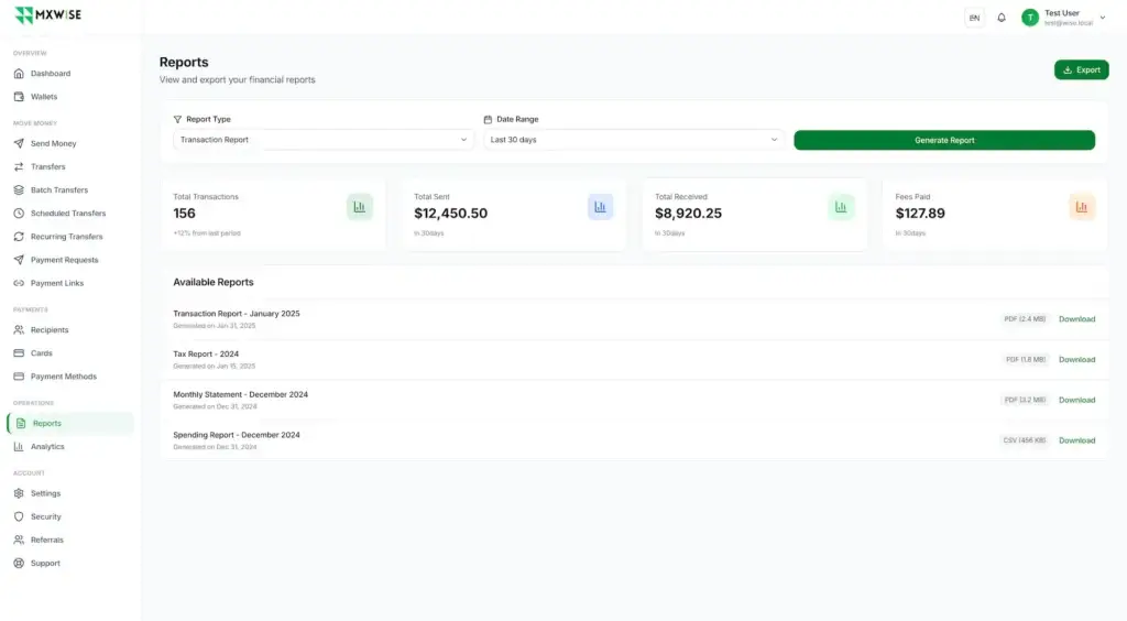 Wise Clone 40 Reporting dashboard showing transaction totals, sent and received volume, fees, report types, date ranges, generation, and downloads