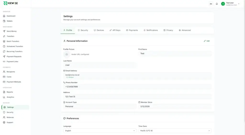 Wise Clone 38 Customer settings for personal information, verified email, phone, address, account type, payments, notifications, privacy, and API keys