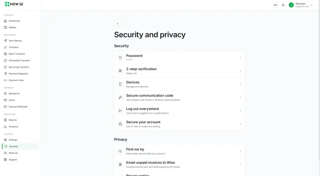 Wise Clone 37 Security dashboard for passwords, two-step verification, devices, communication codes, public-device logout, and account recovery