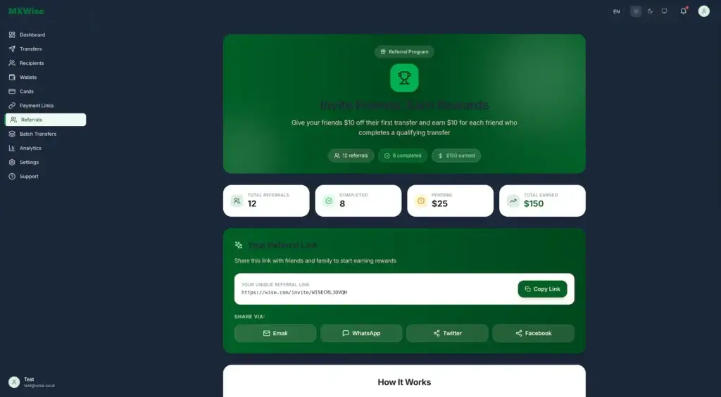 Wise Clone 36 Referral dashboard showing invitations, completed referrals, pending rewards, total earnings, and a shareable referral link