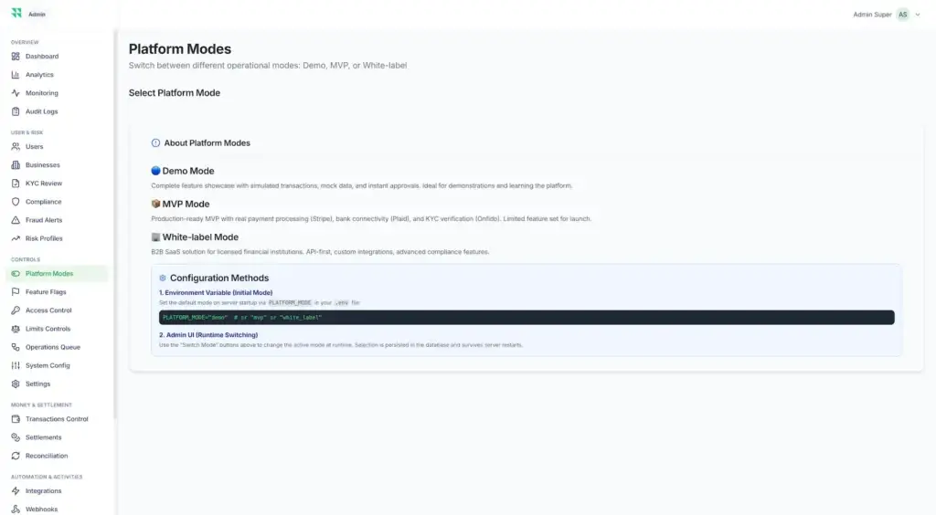 Wise Clone 60 Administrator controls for demo, MVP, and white-label platform modes with environment configuration and runtime switching