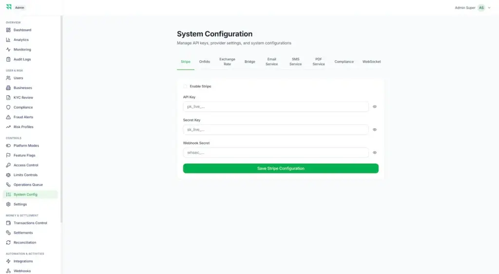 Wise Clone 56 System configuration screen for Stripe API keys, webhook secrets, payment integration, and provider settings