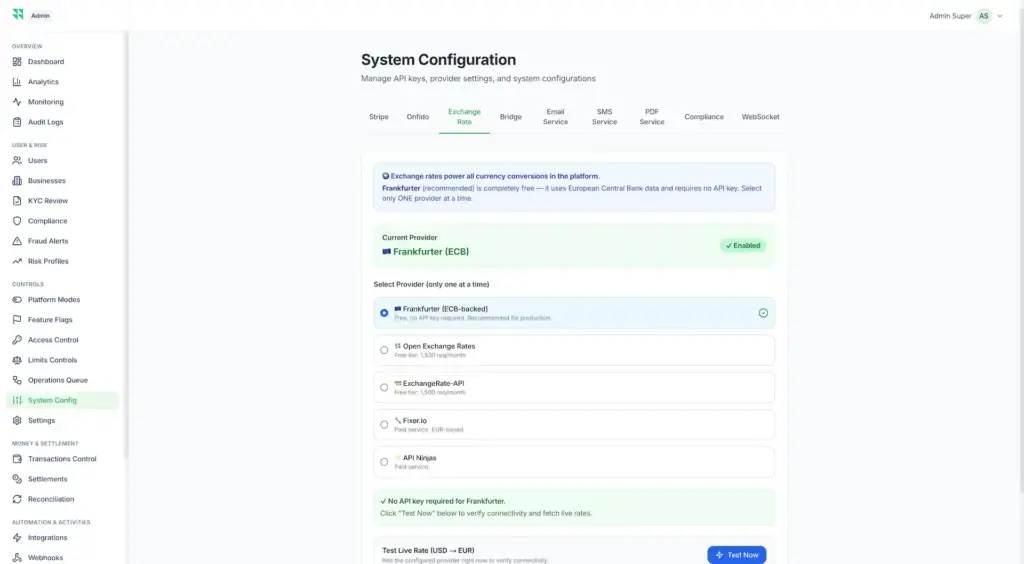Wise Clone 55 System configuration for selecting and enabling exchange-rate providers, including central-bank and API options