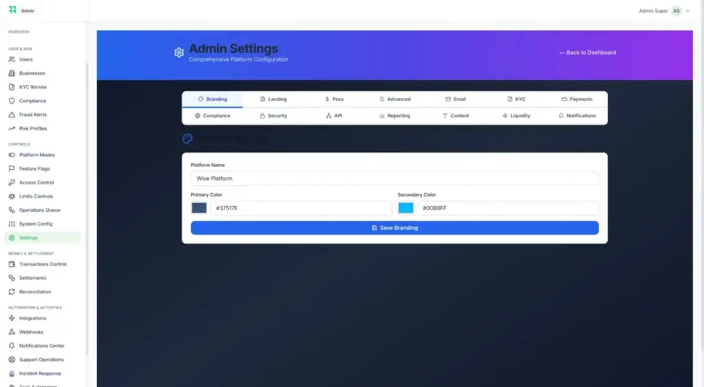 Wise Clone 53 Administrator settings for platform branding, colors, landing pages, fees, email, KYC, payments, compliance, security, reporting, and liquidity