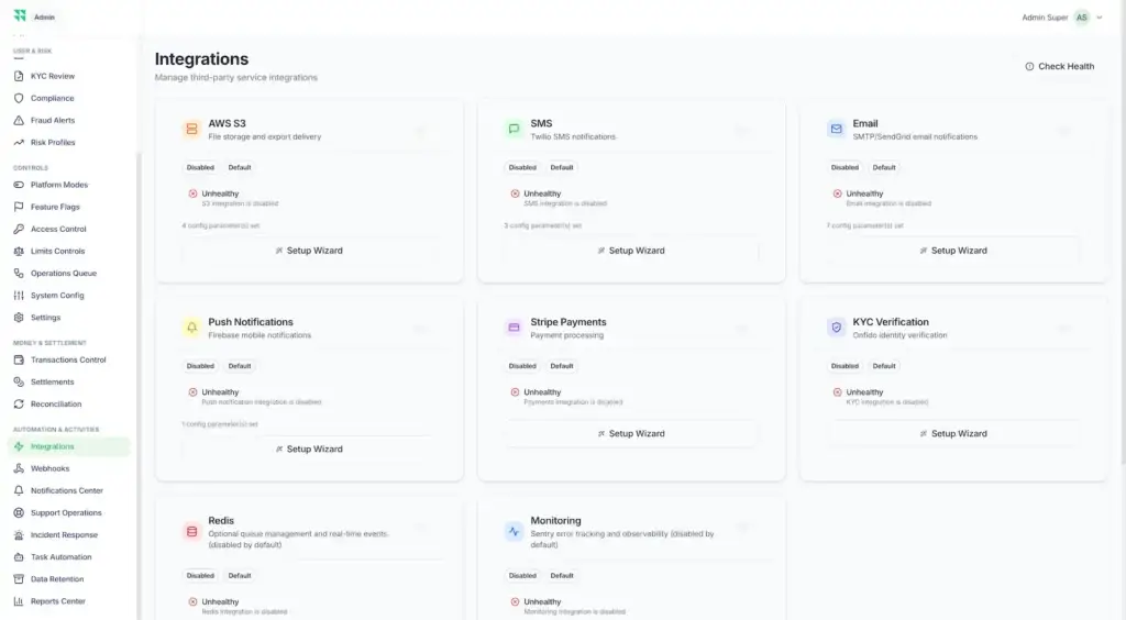 Wise Clone 52 Integration dashboard showing health and setup status for storage, SMS, email, push notifications, payments, KYC, Redis, and monitoring