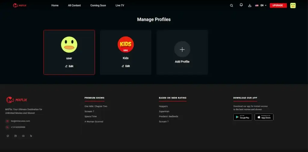 Netflix Clone 38 Desktop profile manager with standard and kids profiles, profile editing, new-profile creation, and streaming app download links