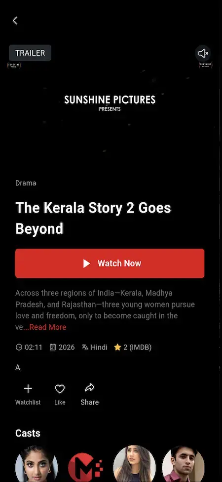 Netflix Clone 19 Mobile movie page with title, genre, trailer, watch-now action, rating, cast, watchlist controls, and related content