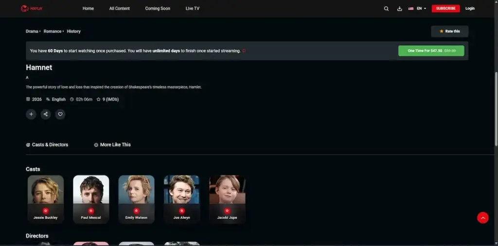 Netflix Clone 41 Desktop rental-detail page with purchase window, one-time price, synopsis, language, duration, rating, cast, and related content