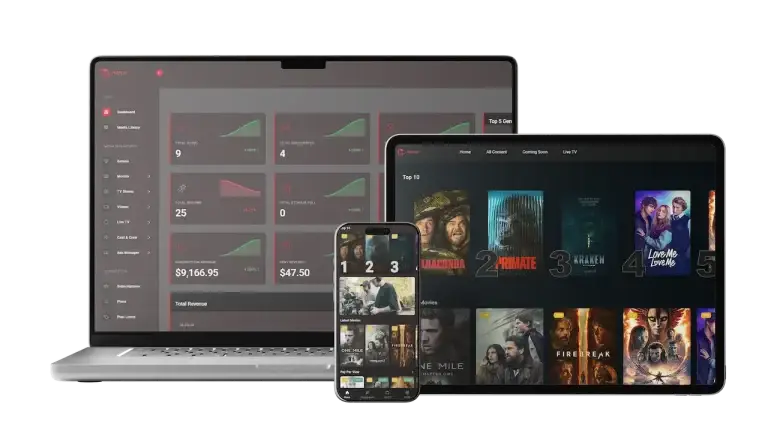 Netflix Clone 62 OTT streaming platform shown across laptop, tablet, and mobile with administration, top-ten rankings, catalogs, live TV, and viewer content