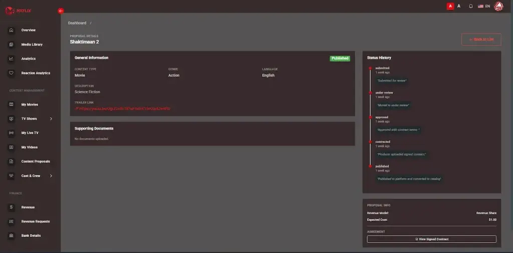 Netflix Clone 31 Producer proposal detail screen with title metadata, publication state, supporting documents, trailer link, and approval-status history